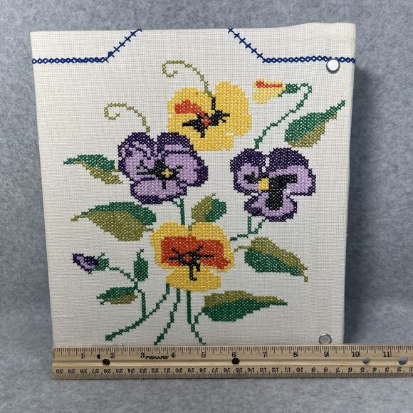 Handcrafted Greeting Card Keeper Binder Fabric Cross Stitch Pansies Organizer - Picture 8 of 16